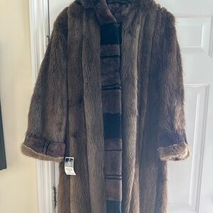 Woman’s Beaver full length fur coat with hood;  sheared Mink trim; M/L